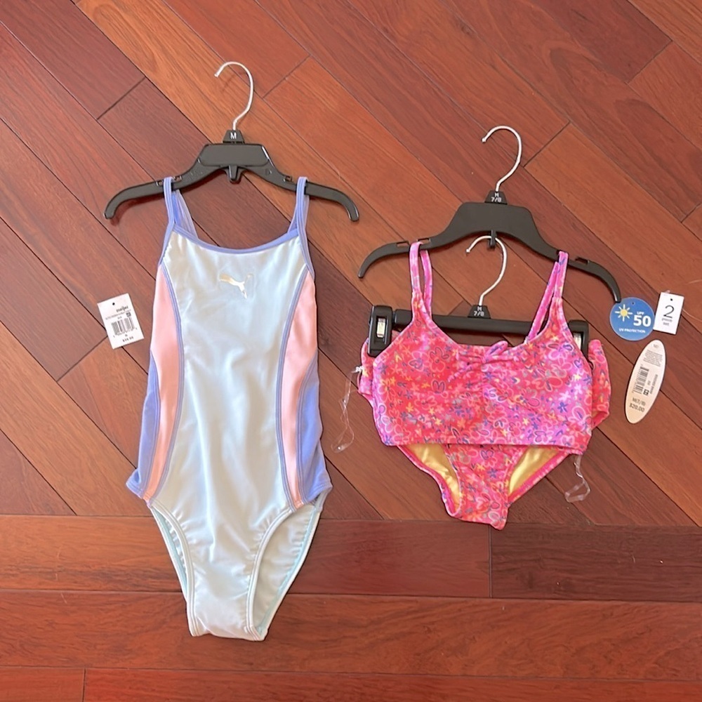 Girls set of swimsuits, pink set is a 7/8 and the one piece is a small. - Picture 1 of 11